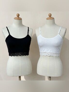 Primark Love To Lounge Crop Tops Black White Lace Shelf Bra Set NWOT Size S
